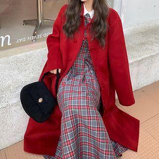 Long Button Coat / Plaid Midi A-line Dress