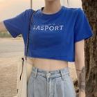 Short-sleeve Letter Cropped T-shirt Blue - One Size