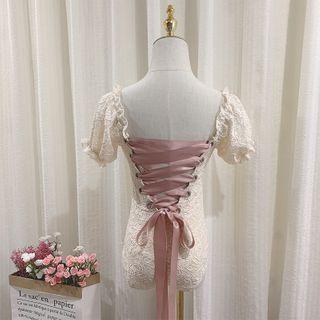 Lace-up Puff-sleeve Swimsuit