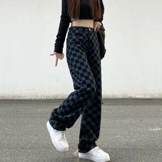 High-waist Straight Leg Plaid Jeans