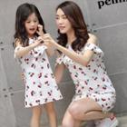 Family Matching Cherry Print Cut Out Shoulder Short Sleeve Dress