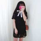 Ribbon Detail Short-sleeve A-line Lace Dress
