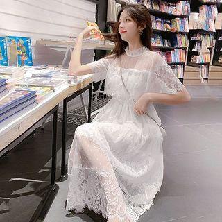 Plain Lace Panel Mesh Short-sleeve Dress