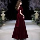 Short-sleeve Square-neck Velvet A-line Gown