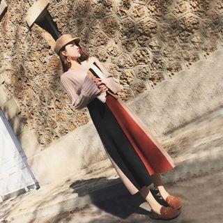 Set: Plain Flared-sleeve Cardigan + Color Block Midi A-line Skirt