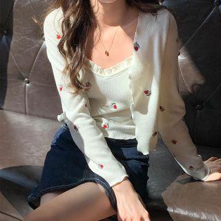 Set: Flower Embroidered Camisole + Long-sleeve Ruffle Trim Flower Embroidered Cardigan