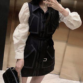 Lantern-sleeve Mini Sheath Dress Dark Blue - One Size