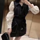 Lantern-sleeve Mini Sheath Dress Dark Blue - One Size