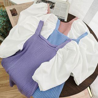 Square-neck Puff-sleeve Knit Blouse