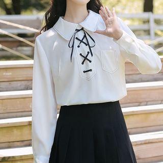 Lace-up Contrast Stitching Shirt