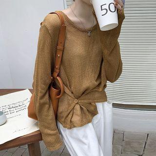Round-neck Plain Button-up Oversize Knit Top