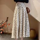 Band-waist Floral Pleated Midi A-line Skirt