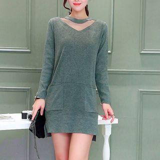 Lace-panel Knit Dress Gray - One Size