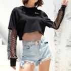 Cropped Lettering Print Mesh Panel Crop Top