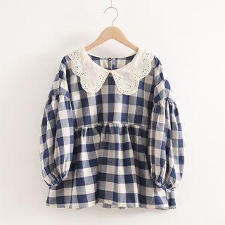 Eyelet Collar Gingham Balloon-sleeve Blouse Blue - One Size