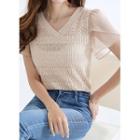 Petal-sleeve Pointelle-knit Top