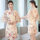 Flower Print Elbow-sleeve Mandarin Collar Chiffon Dress