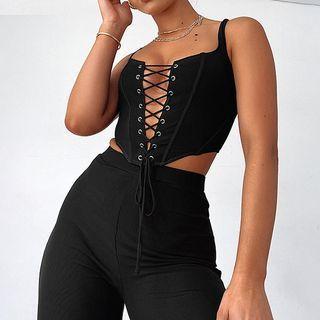 Plain Lace-up Sleeveless Crop Top