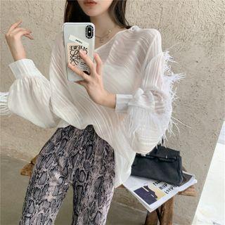 Fringed Long-sleeve Blouse / Snake Print Straight-cut Pants
