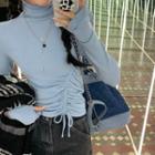 Drawstring Turtle-neck Long-sleeve Slim-fit Top