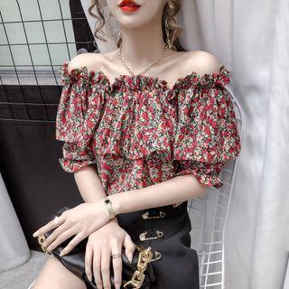 Off-shoulder Ruffle Trim Floral Top