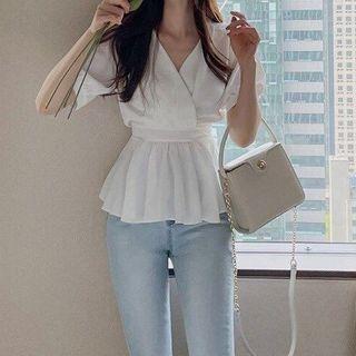 Cropped V-neck Plain Puff Short-sleeve Top