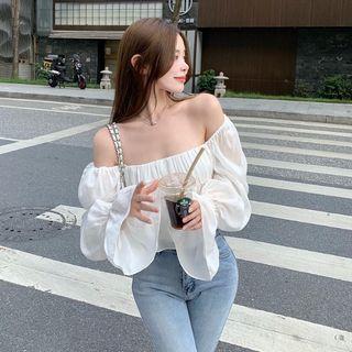 Off-shoulder Ruffle Puff-sleeve Chiffon Shirt