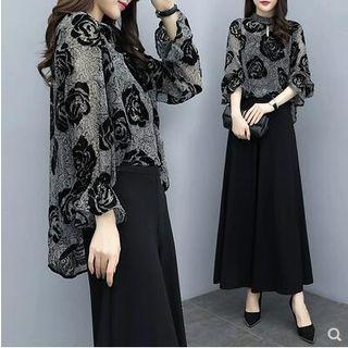 Set: Rose Long-sleeve Top + Wide Leg Pants