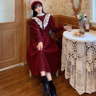 Long-sleeve Lace Ruffle Midi A-line Dress
