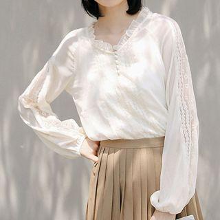 Lace Panel V-neck Chiffon Blouse