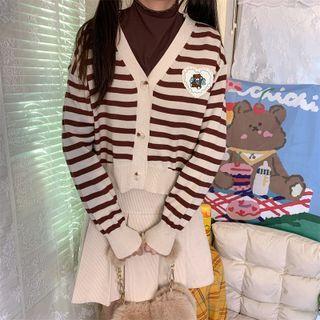 Bear Embroidered Striped Cardigan Bear Embroidery Stripes - Khaki - One Size