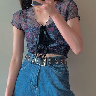 Short-sleeve Floral Mesh Reversible Crop Top As Shown In Figure - One Size