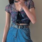 Short-sleeve Floral Mesh Reversible Crop Top As Shown In Figure - One Size
