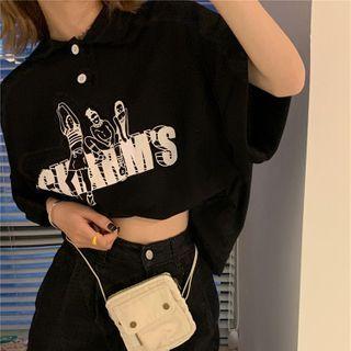 Elbow-sleeve Graphic Print Cropped Polo Shirt