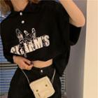 Elbow-sleeve Graphic Print Cropped Polo Shirt