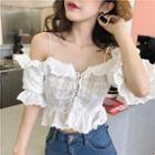 Short-sleeve Cold-shoulder Eyelet Lace Blouse As Shown In Figure - One Size