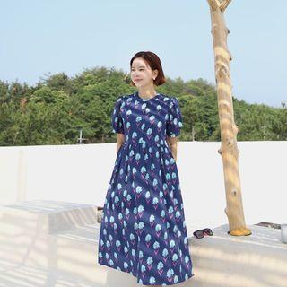 Button-placket Floral Long Dress Navy Blue - One Size