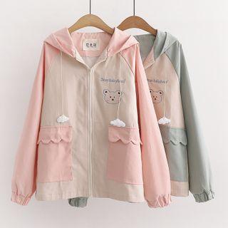 Embroidered Hooded Zip Cargo Jacket