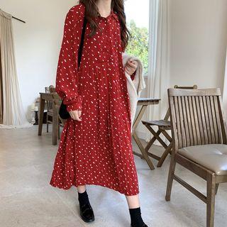 Floral Long-sleeve Loose-fit Pleated Dress Red - One Size