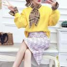 Mock Two-piece Pullover / Plaid Midi Straight-fit Skirt / Set