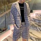 Set: 3/4-sleeve Double Breasted Plaid Blazer + Dress Shorts