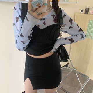 Butterfly Print Long-sleeve Mesh Top / Cropped Camisole Top