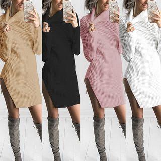 Plain Side Slit Turtleneck Long Sweater