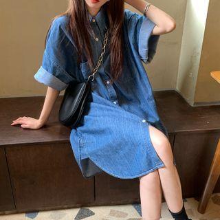 Elbow-sleeve Denim Midi Shirtdress Dark Blue - One Size