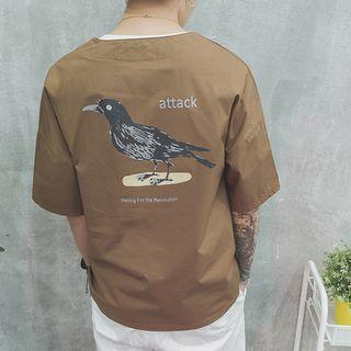 Bird Print Elbow-sleeve T-shirt