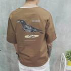 Bird Print Elbow-sleeve T-shirt