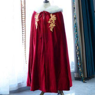 Fluffy Trim Floral Embroidered Cape Coat Wine Red - One Size