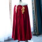 Fluffy Trim Floral Embroidered Cape Coat Wine Red - One Size