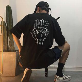 Couple Matching Elbow-sleeve Hand Gesture Print T-shirt