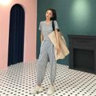 Set: Plain Slim-fit Cropped Short-sleeve T-shirt + Elastic-waist Jogger Pants